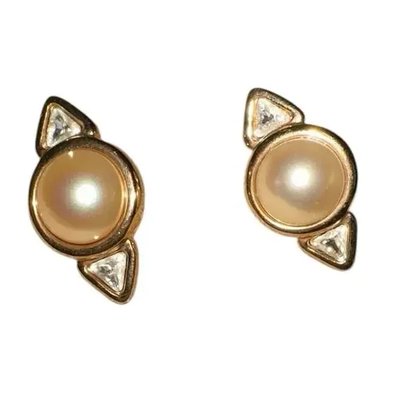 Vintage Swarovski S.A.L. Pearl Crystal Gold Tone Stud Earrings Signed - Picture 2 of 3